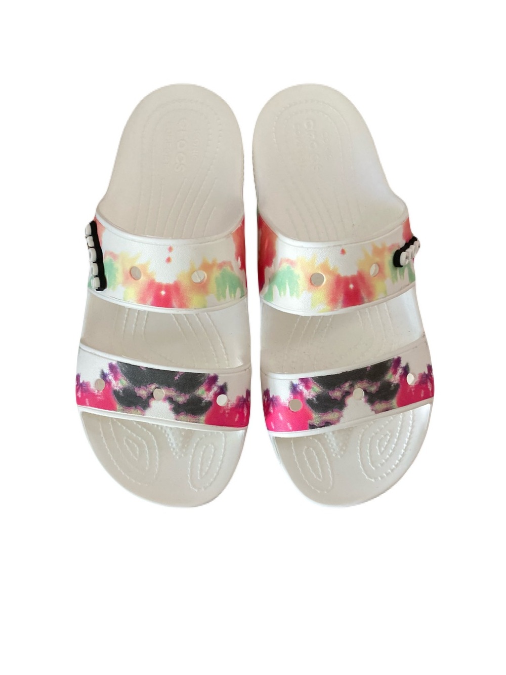 CROCS Women’s Tie-Dye Double Strap Slides - White Pink Green Black